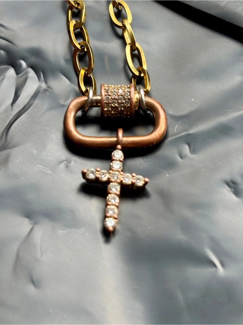 Source Unknown Gold and Rose Gold Cross Pendant Necklace with Crystal Accents